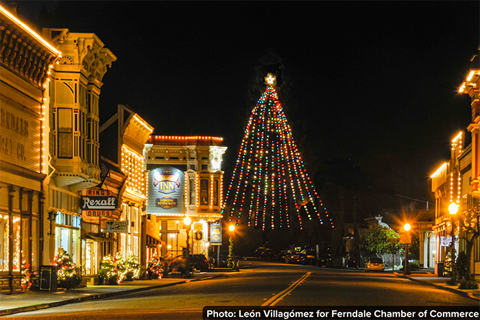 Main street of the Victorian Village of Ferndale, with the nation's tallest living Christmas tree and lighted shops