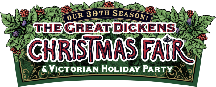 Image on a green background advertises, "Our 39th season!  The Great Dickens Christmas Fair and Victorian Holiday Party" in red lettering