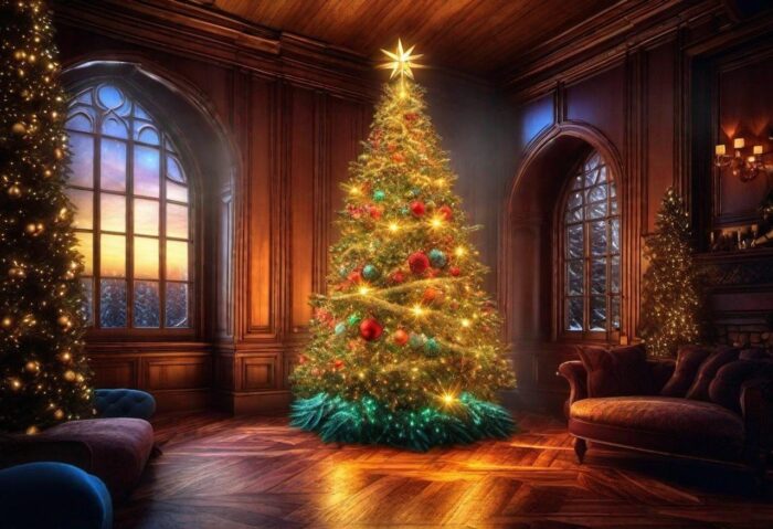 Lighted Christmas tree in wood-paneled room