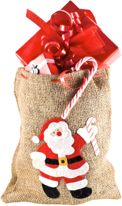 Santa made of felt on a burlap sack filled with wrapped packages and a candy cane.