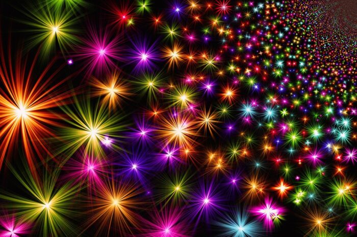 Multicolored light stars sparkle against a black background.