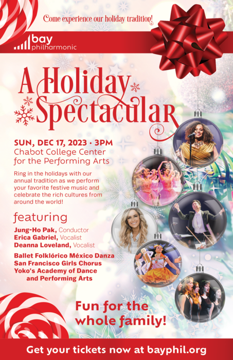 Poster advertises "A Holiday Spectacular" with red ribbon bow at the top and photos of artists in Christmas-ornament shapes.