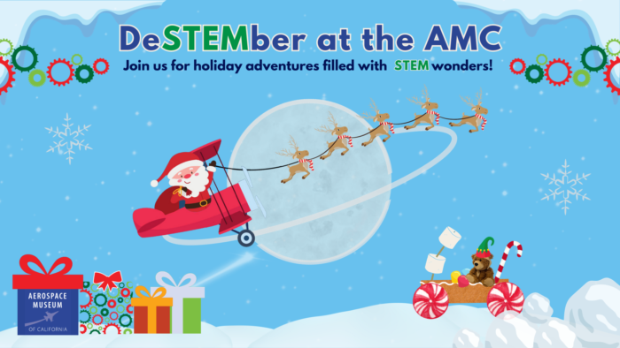 Graphic of Santa in a red biplane which reindeer pull past a full moon over a snowy landscape with wrapped Christmas packages and a teddy bear in a go-cart with peppermint candy wheels and marshmallows at the front, and the words, "DeSTEMber at the AMC".