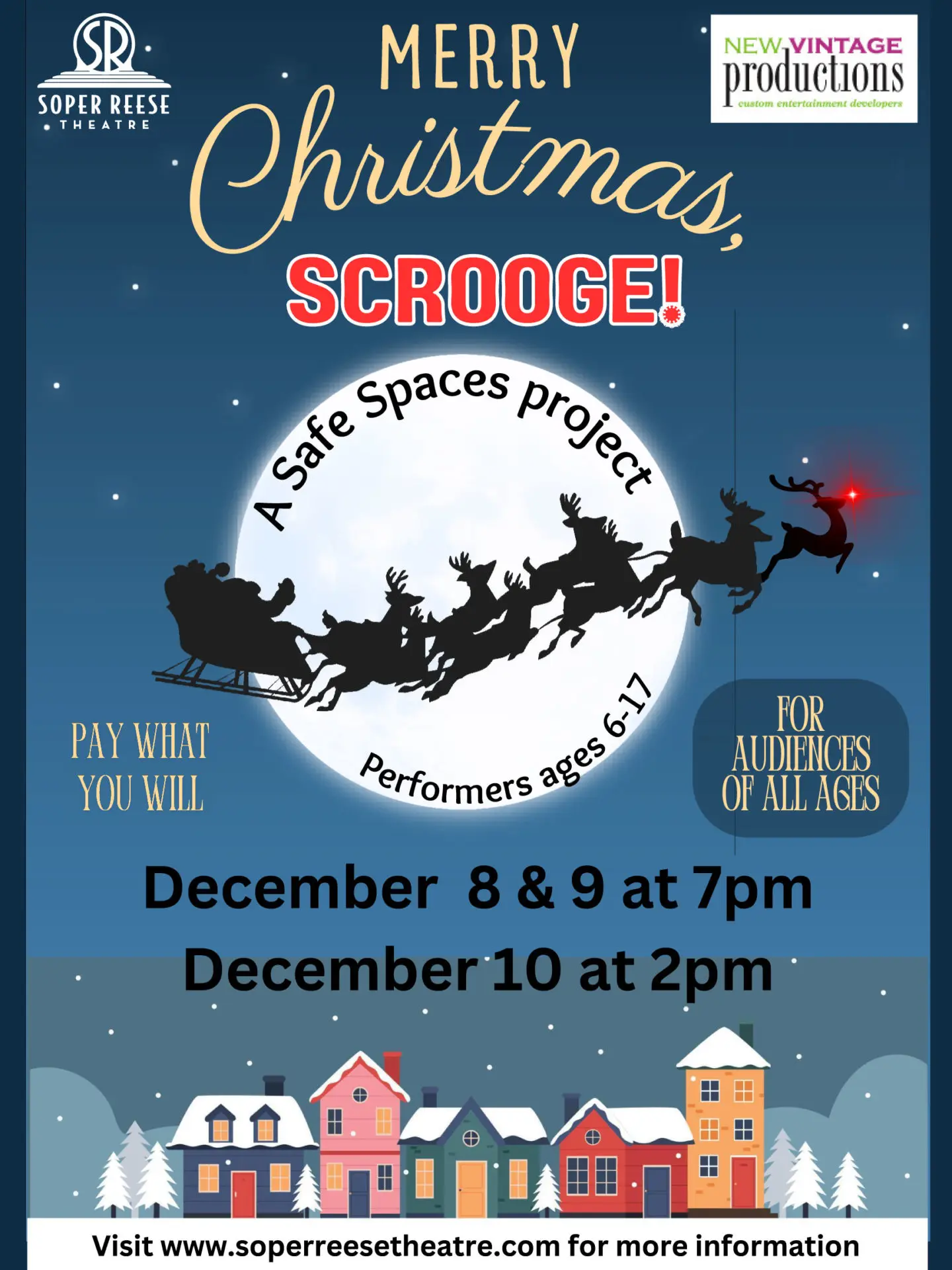 "Merry Christmas, Scrooge" poster shows Santa and his reindeer in profile, flying against a full moon