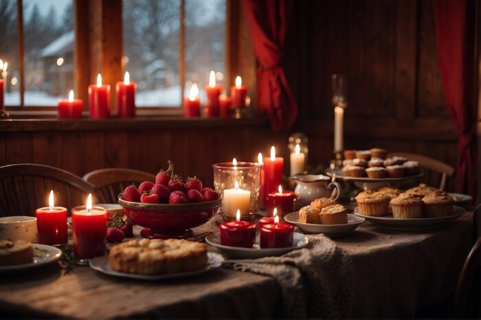 Table laden with cakes, cookies and lighted red candles near a window overlooking a snowy oods