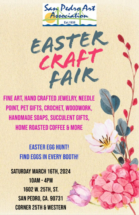 Poster advertises "Easter Craft Fair" with pink and white flowers on one side and a listing of crafts: fine art, handcrafted jewelry, needlepoint, pet gifts, crochewt, woodwork, handmade soaps and more