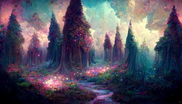 Pink and green lights glow in the sky beyond a forest of enchanted pine trees as pink bursts of light travel down the path amonth them.
