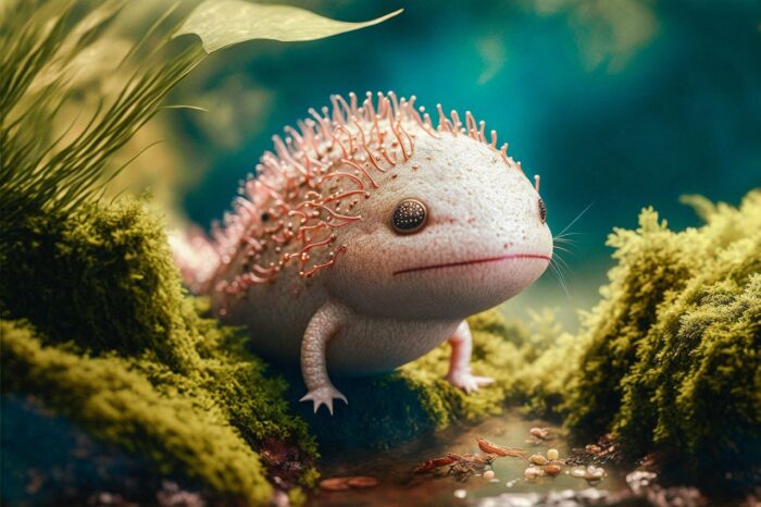 Front view of axolotl with brown eyes and pink spikes on its back