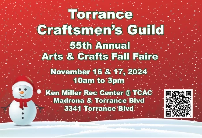 Red postcard with a snowman standing in snow advertises "Torrance Craftsmen's Guild 55th Annual Arts & Crafts Fall Faire"