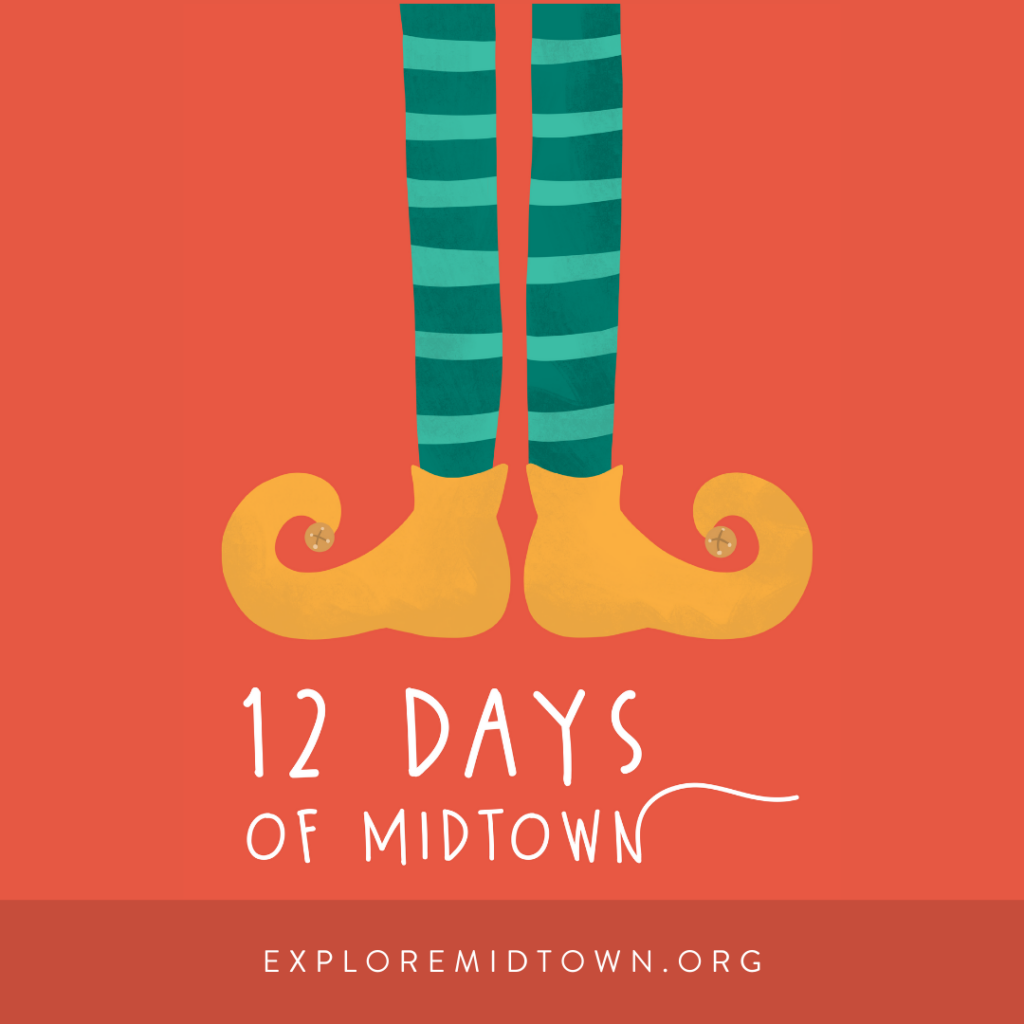 Red background against which a pair of legs in striped stockings and elf shoes are standing, with "12 Days of Midtown" in white lettering.