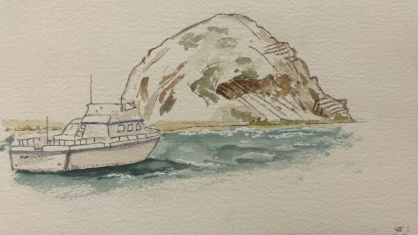 Watercolor of a small boat on water, near a rock.