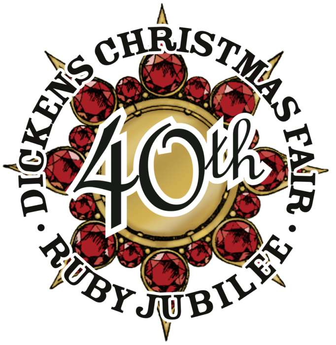 "Dickens Christmas Fair Ruby Jubilee" logo with "40th" in a snowflake design made of rubies