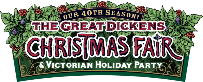 "Great Dickens Christmas Fair" logo in red lettering on a background of green holly leaves with red berries, with a black banner advertising "Our 40th Season!" at the top and "& Victorian Holiday Party" at the bottom in white lettering.