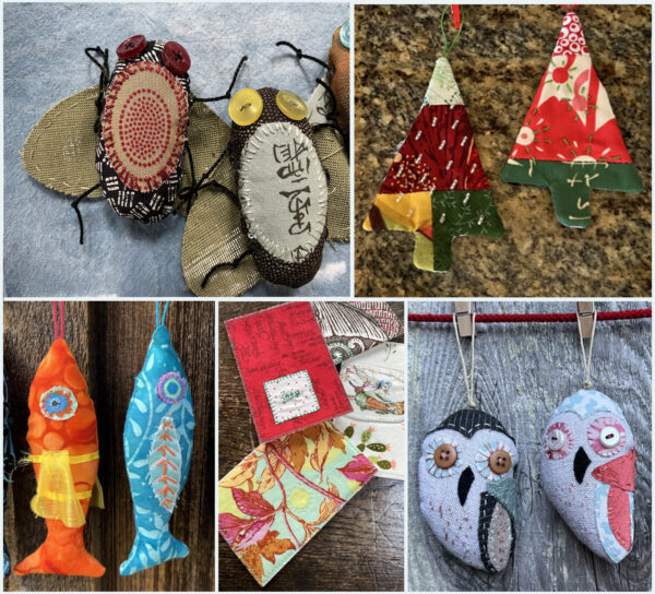 Pictures of four types of quilted Christmas ornaments, including fish, owls, trees and hearts.