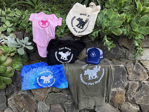 Cap, bag and baby romper with Muir Beach Volunteer Fire Department logo