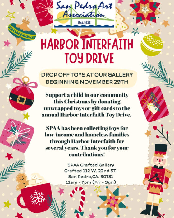 Poster from SPAA advertises "Harbor Interfaith Toy Drive" with a border of Christmas symbols: ornaments, greenery, cards, a Santa and a pickle.