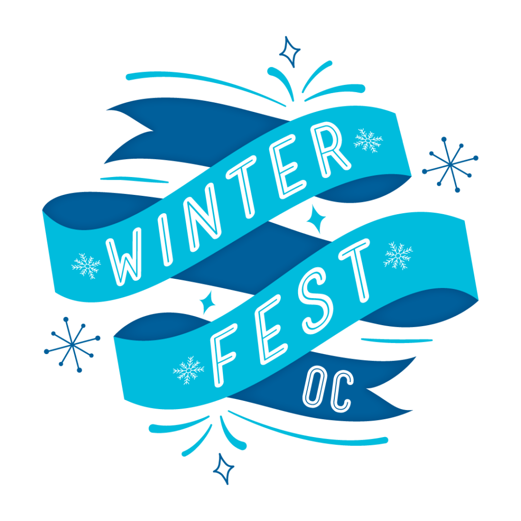 WInter Fest OC blue ribbon logo with blue snowflakes.