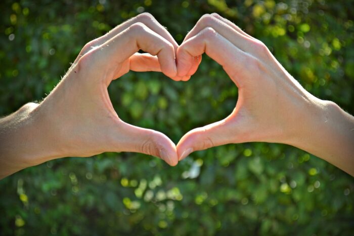 Two hand form a heart against a green background.