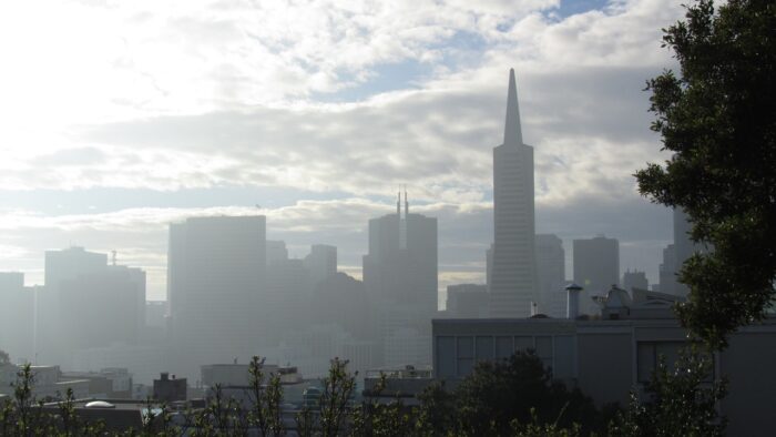 San Francisco skyline in fog