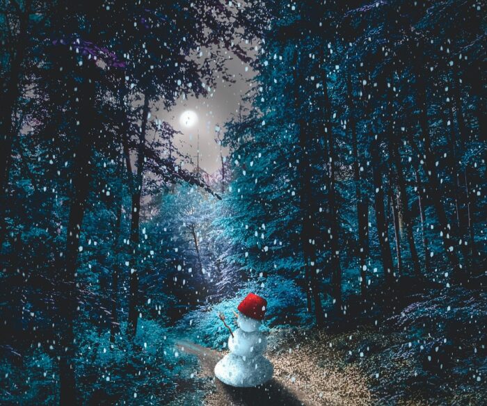 Painting of a snowman in a red cap, in a moonlit forest surrounded by deep-green pines as snow falls.