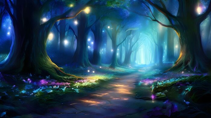 Enchanted forest with gold lights sparkling through blue sky.