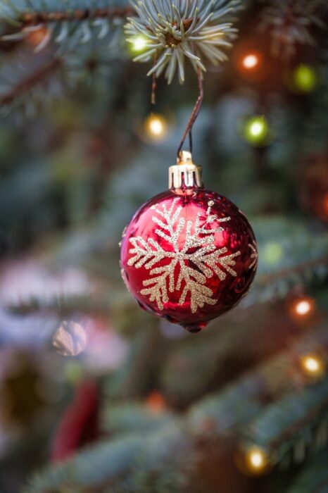 Red Christmas ball with white snowflake hangs on a branch with white lights around it