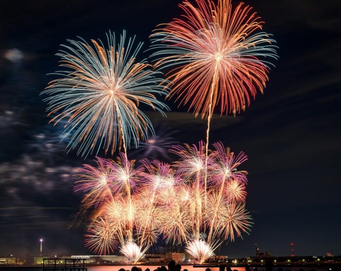 Fireworks against a night sky with lighted city in the distance.