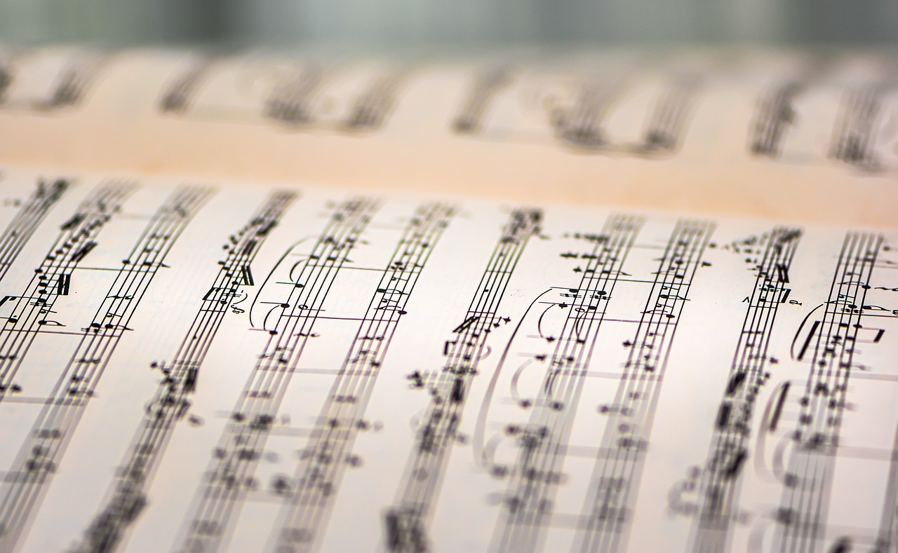 Closeup of a music book with pages open to a score.