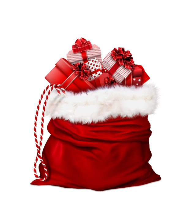 Red Santa sack with white fur trim and red-and-white-wrapped packages with red bows