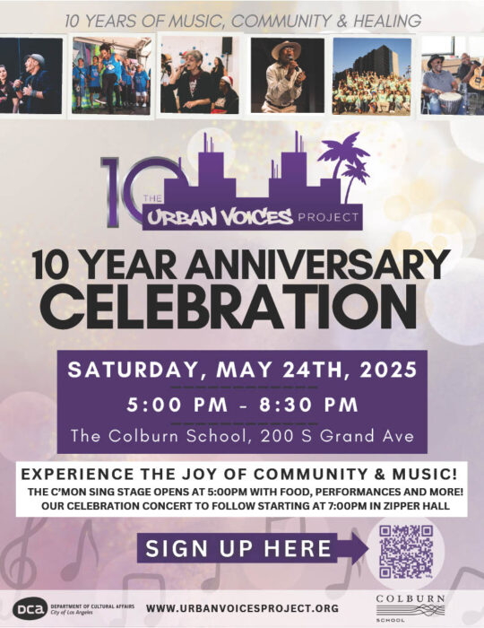 Purple and white poster with photographs of Skid Row aritsts advertises "10 YEAR ANNIVERSARY CELEBRATION".