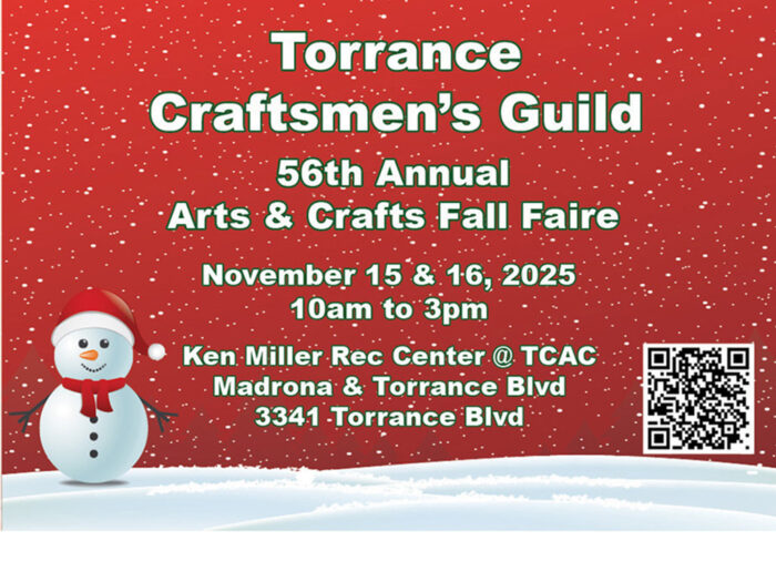 Red background with snow and a snowman for a graphic advertising "Torrance Craftsmen's Guild 56th Annual Arts & Crafts Fall Faire".