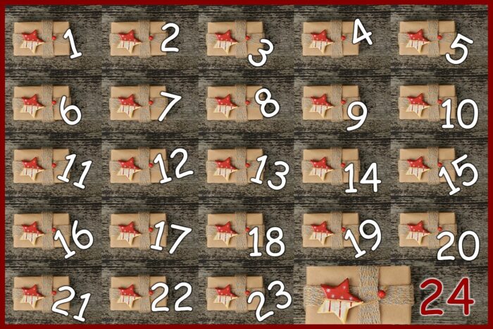 Burlap advent calendar with rows of cloth pouches with dates.