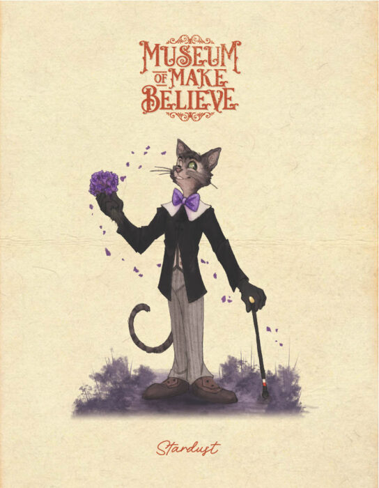 Illustration of a dignified cat in full dress suit with "Museum of Make Believe" above him.