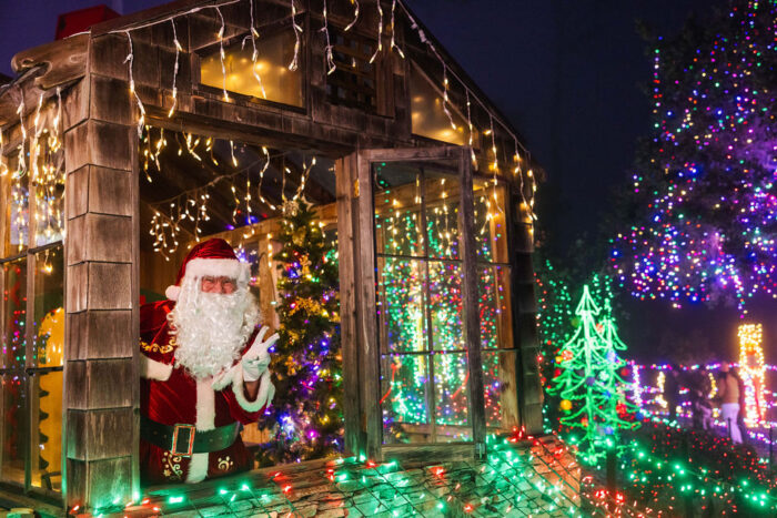 Red-suited Santa looks out a window with strings of gold lights and green trees in lights around him.