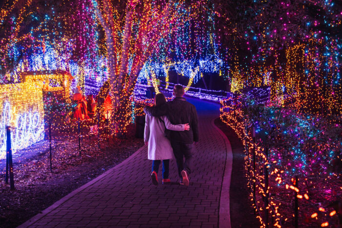 Couple stroll arm in arm down a path with lighted trees on either side.
