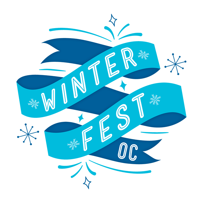 Winter Fest OC logo, with WINTER FEST OC in white on blue twined ribbon with blue snowflakes around it.