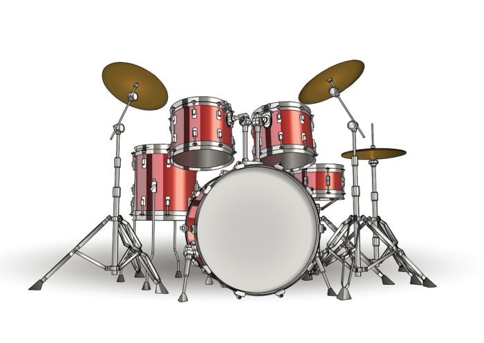 Red drum kit with three standing cymbals, a kick drum and four smaler drums