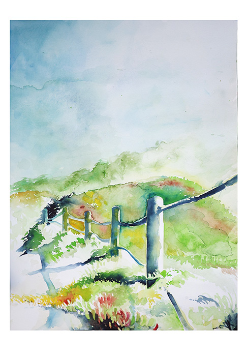 Watercolor by Skye Collier shows a walkway leading to the beach.