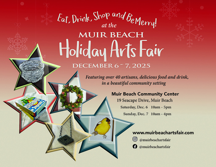 Muir Beach Holiday Arts Fair poser shows five different types of crafts in star shapes against a red-and-gold background.