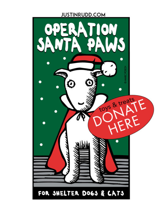 Graphic shows bully type dog in red cape and Santa hat against a green background with snowflakes and the words, "OPERATION SANTA PAWS" in white lettering.