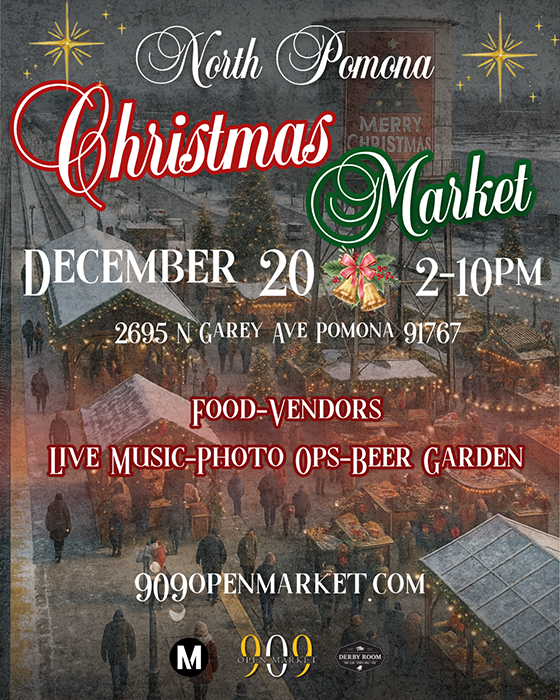 Graphic shows booths at a Christmas market with stars around it and "North Pomona Christmas Market, December 20, 2-10 pm" in white lettering