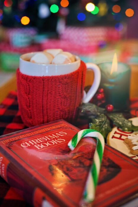 Red mug of hot cocoa with a red-covered volume called "Christmas Books" and a candy cane with green stripes