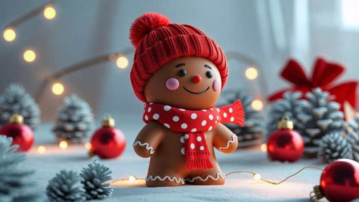 Smiling small plastic "gingerbread man" figure in a red knitted cap and polka-dot scarf among a "forest" of pinecone trees and red Christmas ornaments