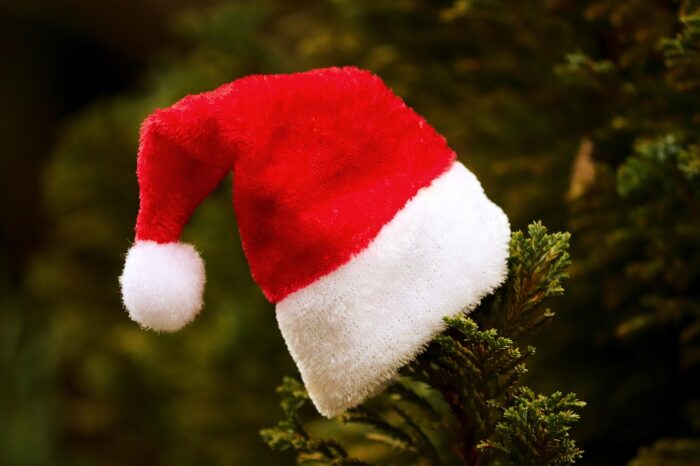 Red Santa hat with a white fur trim and tassel on a green pine branch.