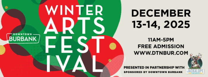 Red-and-green graphic advertises "WINTER ARTS FESTIVAL" in white lettering, with "December 13-14, 2025" in black lettering on a cream-colored background.