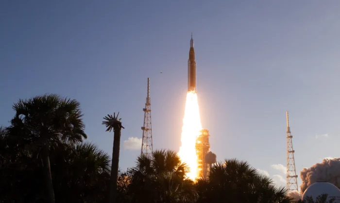 Artemis II blasts off from Kennedy Space Center.