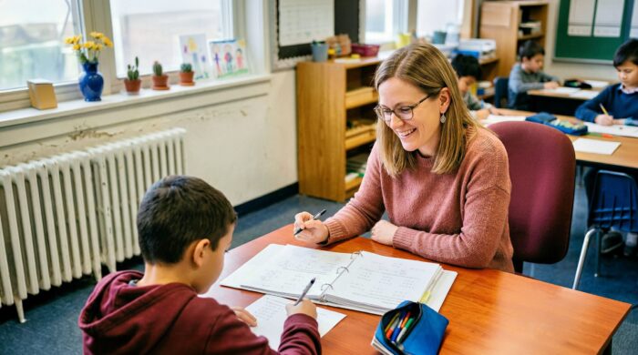 Teacher smiles at student with reading workbook across a table with other students in the background