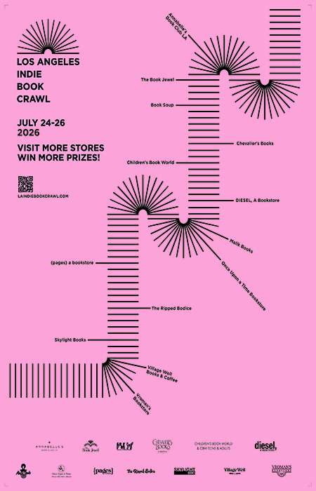 Bright pink background with map of the 13 independent bookstores participating in the L.A. Indie Book Crawl