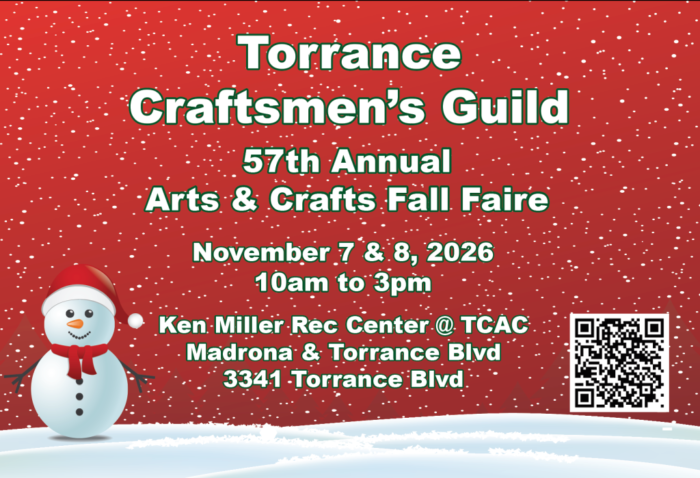 Postcard with smiling snowman advertises "Torrance Craftsmen's Guild, 57th Annual Arts & Crafts Fall Faire"